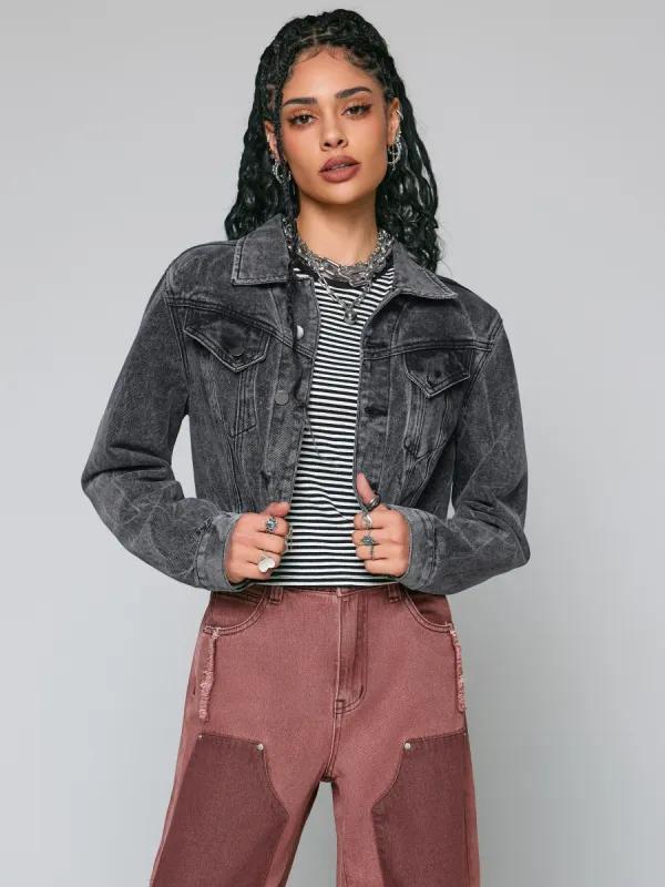 Faded Effect Denim Collar Button Crop Jacket made by Cider