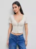 V-neck Solid Lace Trim Button Short Sleeve Top sold by Cider