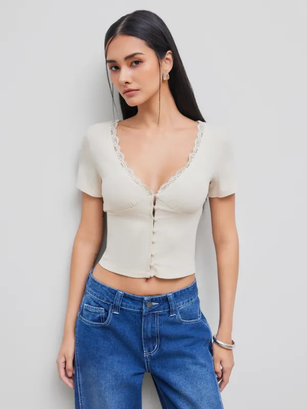 V-neck Solid Lace Trim Button Short Sleeve Top sold by Cider