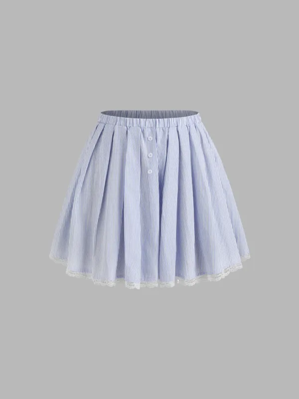 Mid Rise Striped Lace Trim Mini Skirt sold by Cider