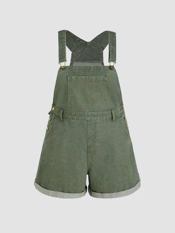 Buckle Up Roll Hem Pocket Denim Romper Curve & Plus made by Cider