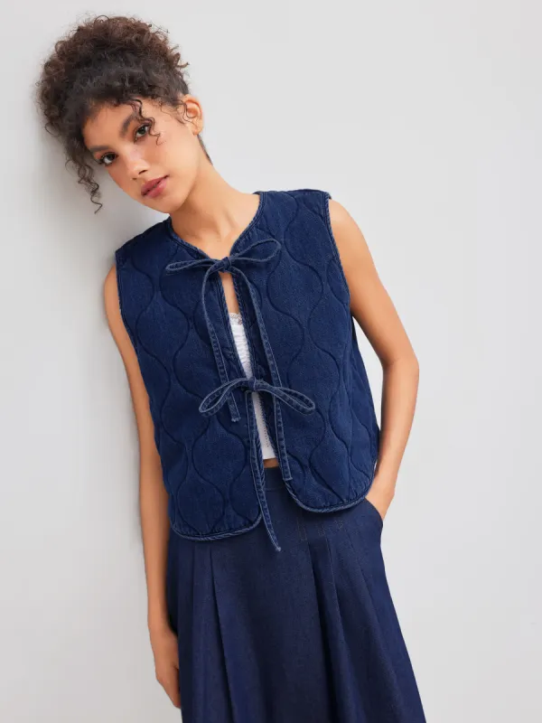 Denim Round Neckline Solid Tie Front Knotted Vest sold by Cider