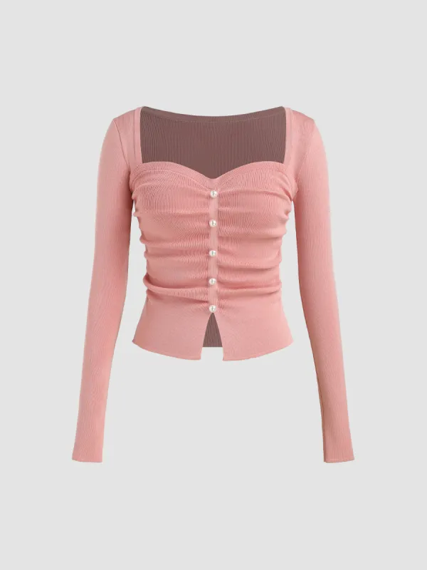 Square Neck Solid Faux Pearl Knitted Long Sleeve Crop Top sold by Cider