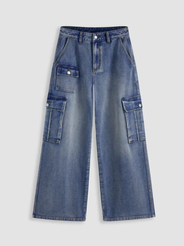 Cider Denim High Rise Solid Wide Leg Cargo Jeans sold by Cider