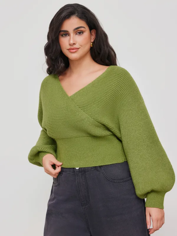 Knit V-neck Solid Wrap Long Sleeve Crop Top Curve & Plus sold by Cider