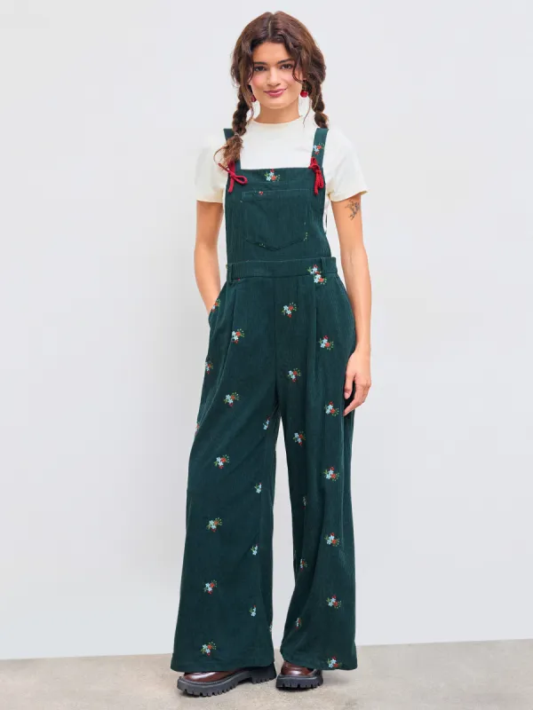 Corduroy Square Neck Floral Embroidery Pocket Wide Leg Jumpsuit sold by Cider