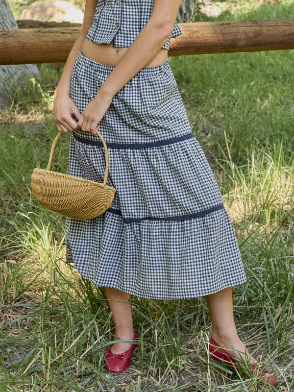 Cotton-blend Mid Rise Gingham Elastic Waist Tiered Maxi Skirt sold by Cider
