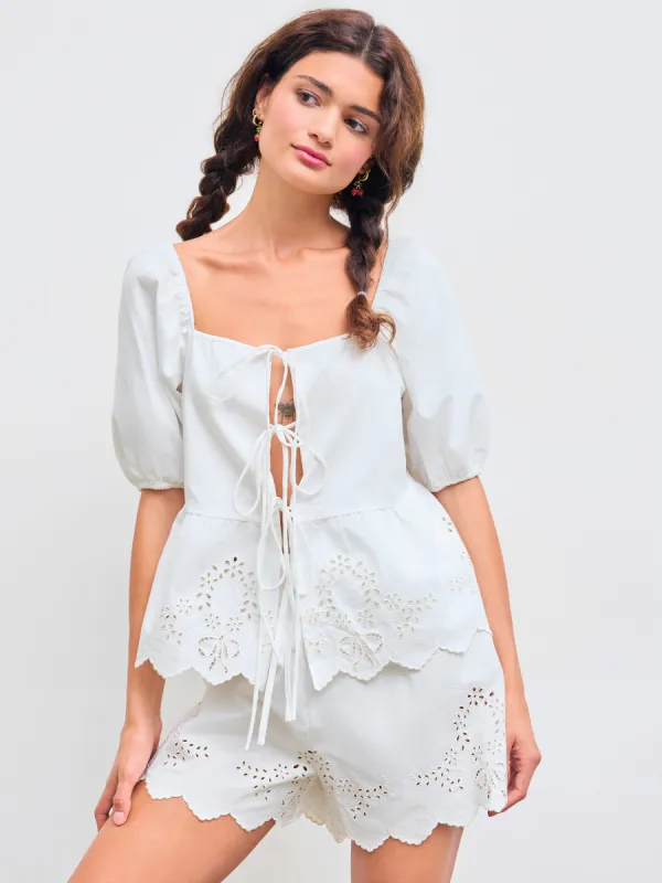 100% Cotton Square Neckline Broderie Anglaise Tie Front Puff Sleeve Blouse sold by Cider