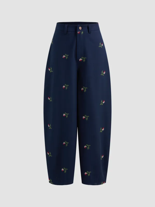 100% Cotton Mid Rise Embroidery Barrel-leg Trousers sold by Cider
