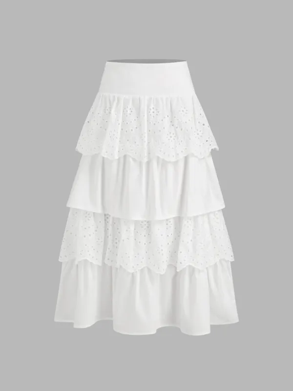 100% Cotton Mid Rise Broderie Anglaise Ruffle Layered Maxi Skirt sold by Cider
