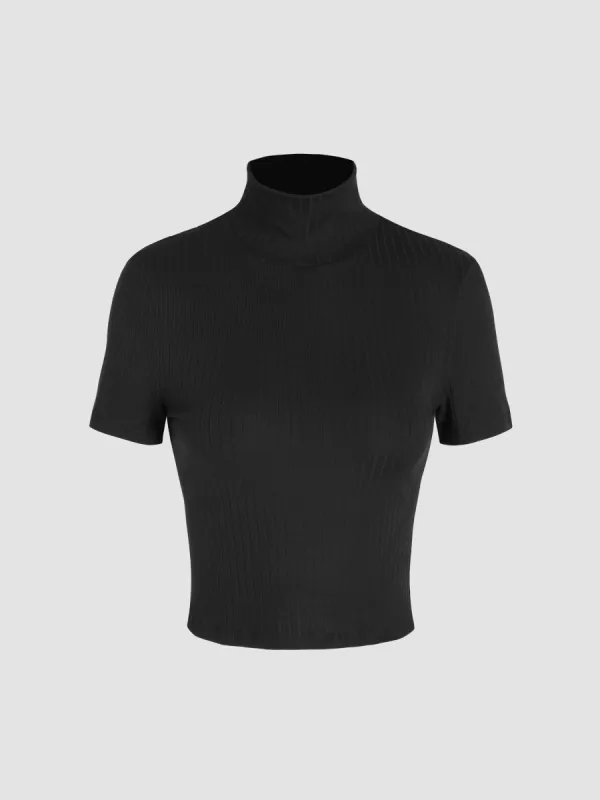 Rib High Neck Solid Short Sleeve Tee sold by Cider