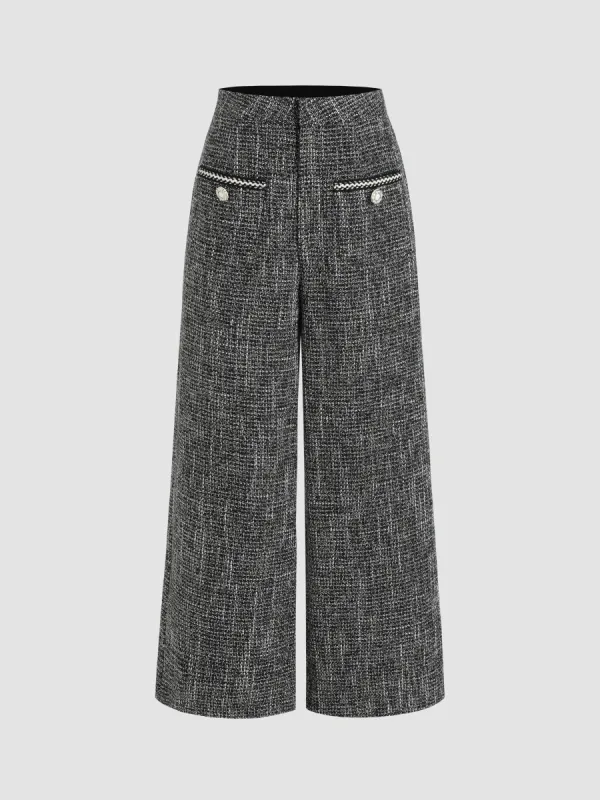 Tweed Mid Waist Solid Button Wide Leg Trousers  sold by Cider