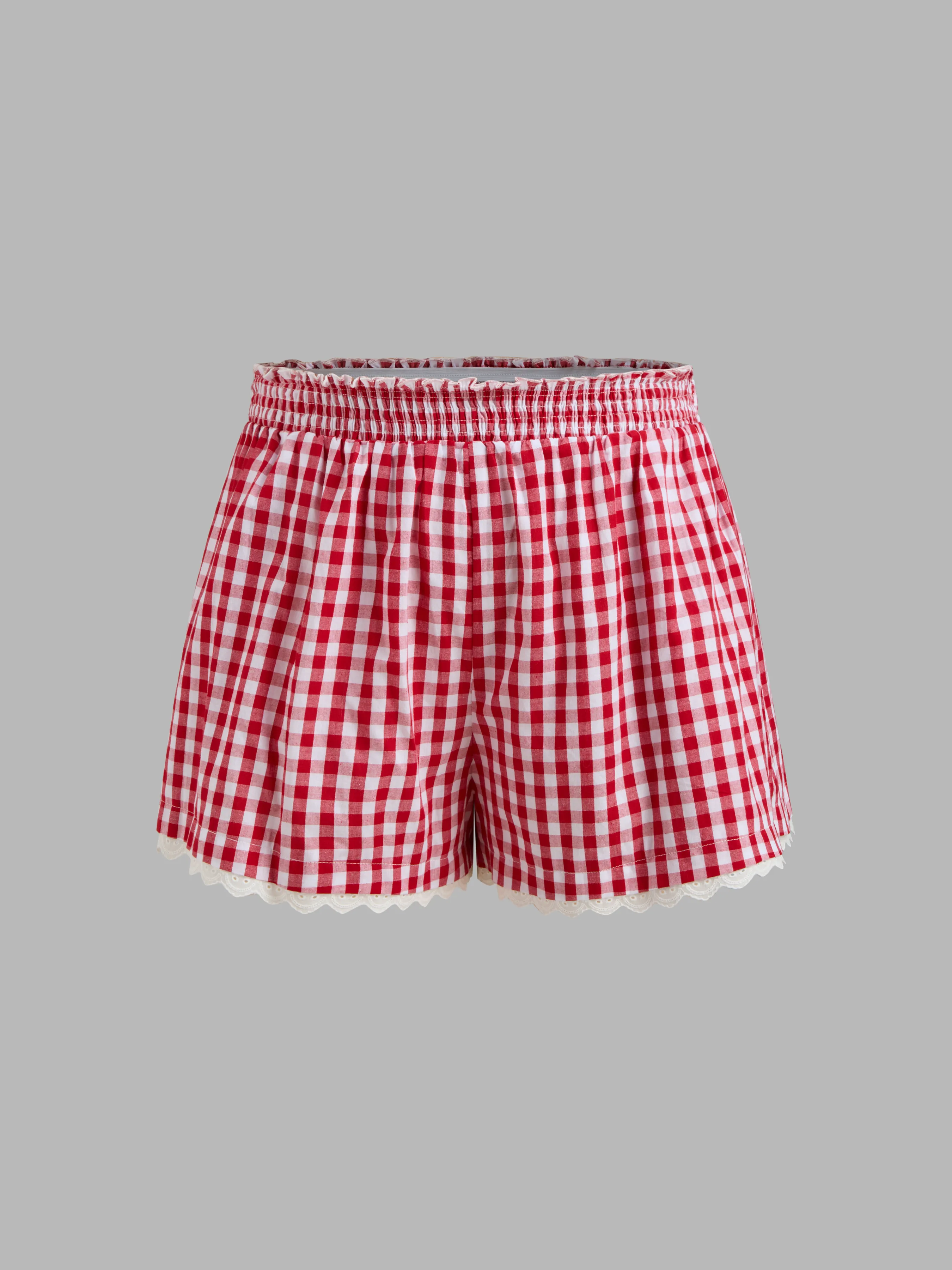 100% Cotton Mid Rise Elastic Waist Gingham Broderie Anglaise Trim Pocket Shorts Curve & Plus sold by Cider