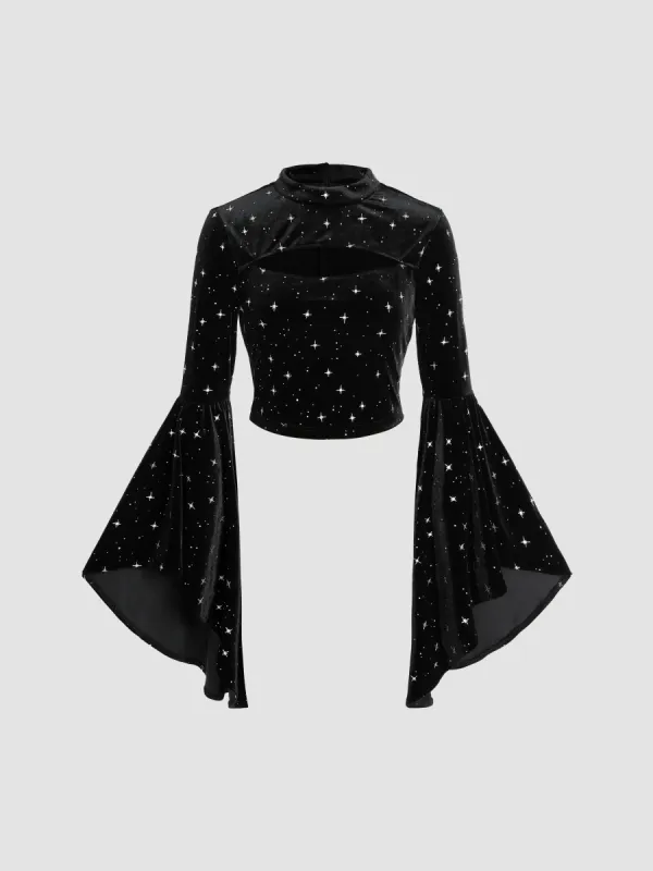 Velvet Star Pattern Bell Sleeve Crop Top sold by Cider