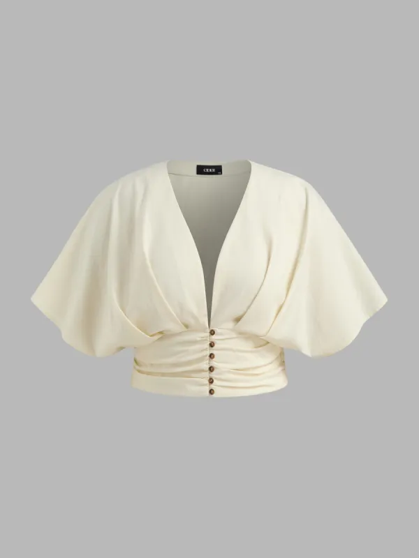 Cotton-blend V-neck Solid Ruched Button Top Curve & Plus sold by Cider