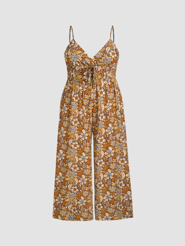 V-neck Bowknot Floral Jumpsuit Curve & Plus sold by Cider