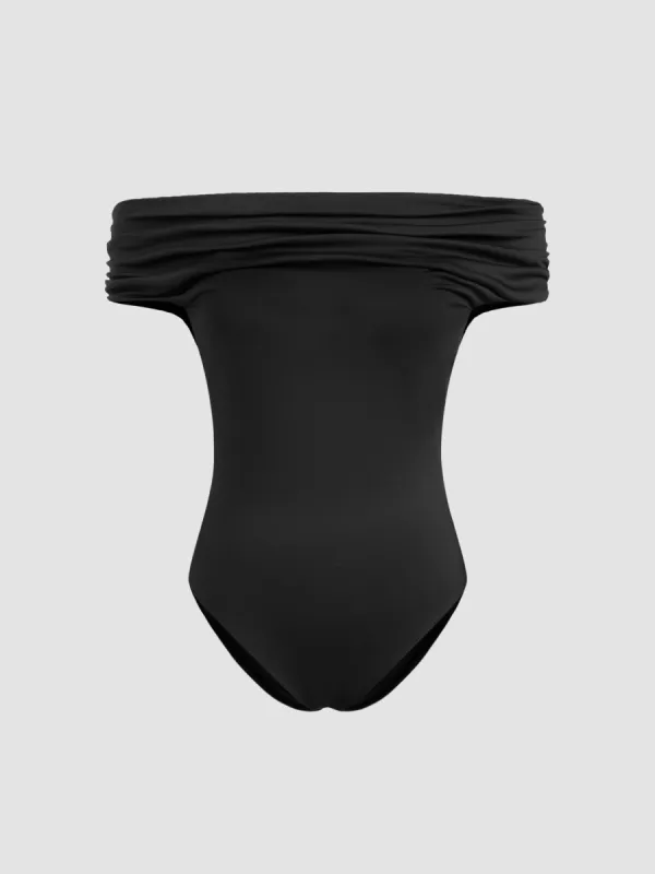 Off-shoulder Solid Ruched Bodysuit sold by Cider
