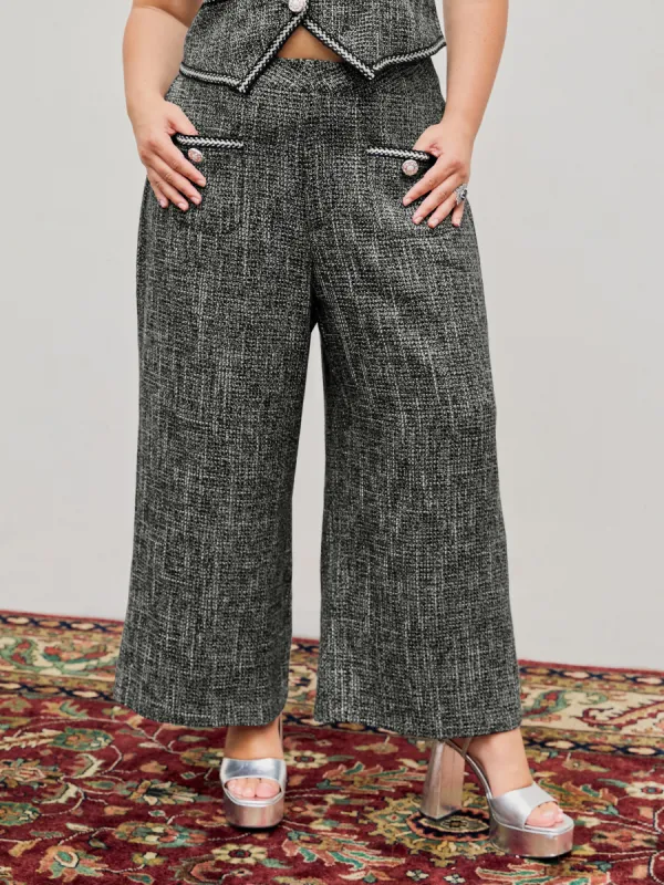 Tweed Mid Waist Solid Button Wide Leg Trousers Curve & Plus sold by Cider
