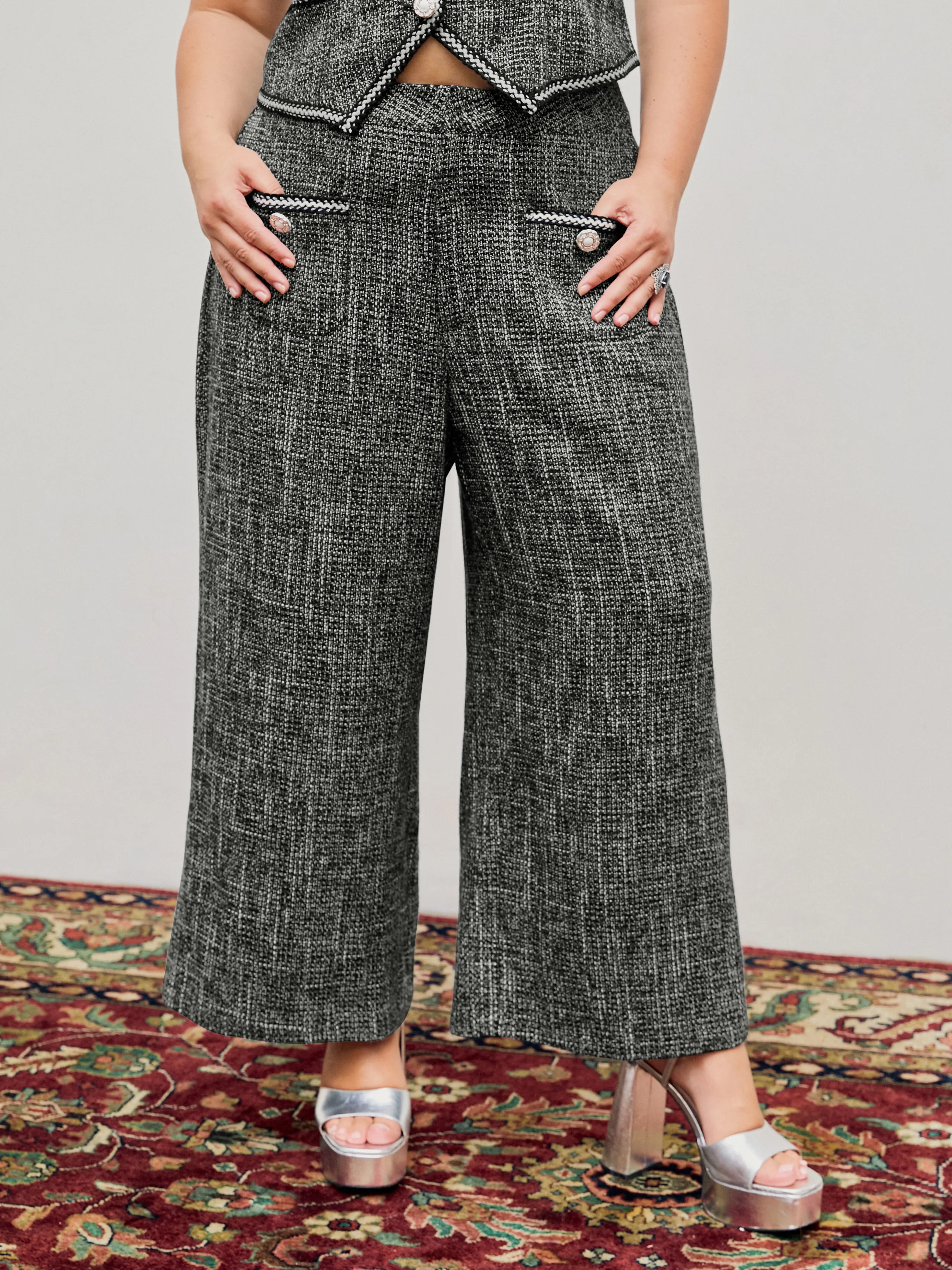 Tweed Mid Waist Solid Button Wide Leg Trousers Curve & Plus sold by Cider