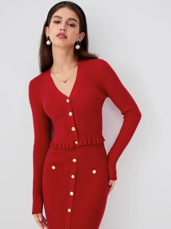 V-neck Solid Button Knitted Crop Top sold by Cider