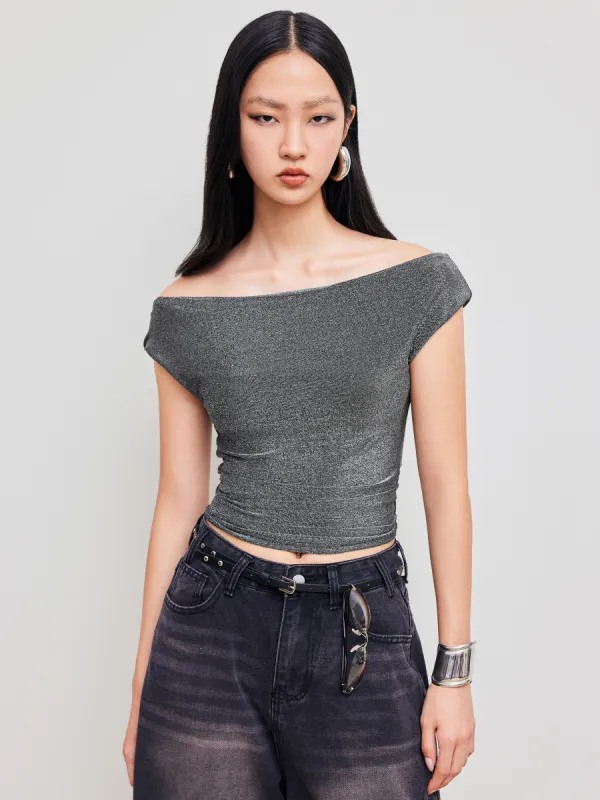 Metallic Off-shoulder Solid Crop Short Sleeve Tee sold by Cider