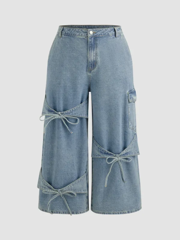Cider Denim Mid Rise Solid Bowknot Pocket Wide Leg Jeans Curve & Plus sold by Cider