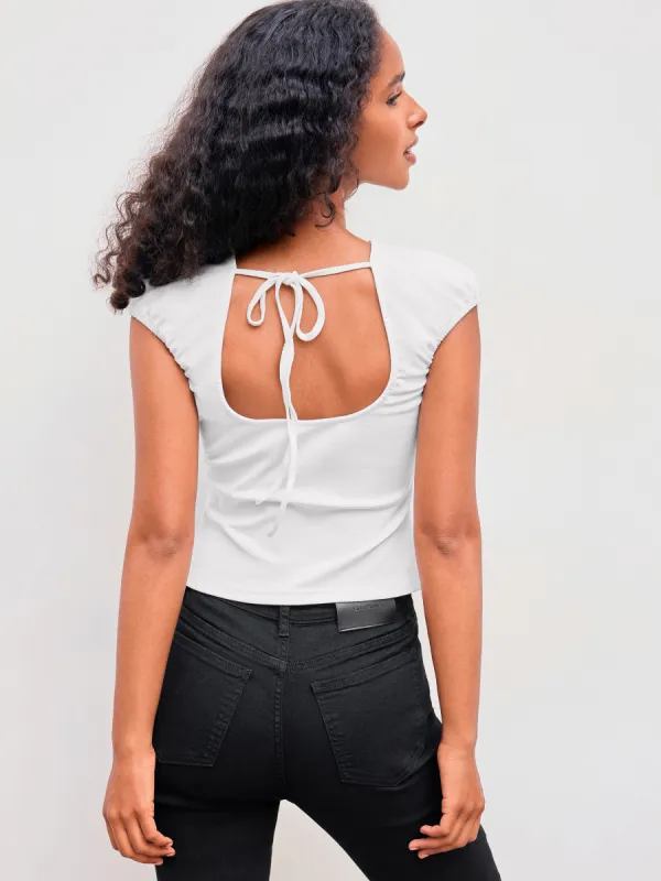 Cotton-blend Scoop Neckline Solid Knotted Short Sleeve Tee sold by Cider
