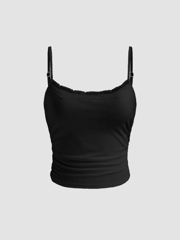 Scoop Neckline Solid Lace Trim Ruched Crop Cami Top sold by Cider