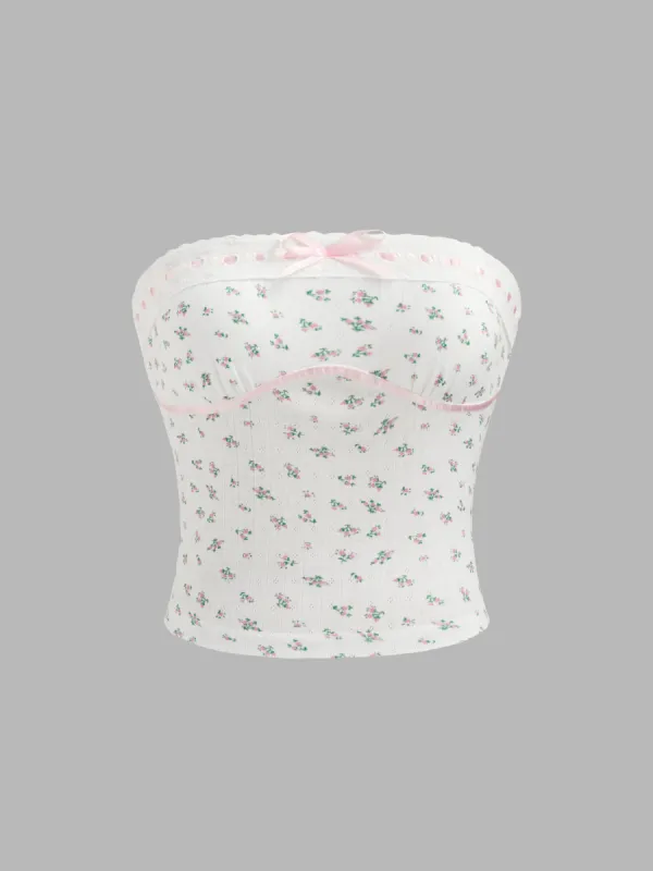 Floral Bowknot Broderie Anglaise Trim Tube Top sold by Cider