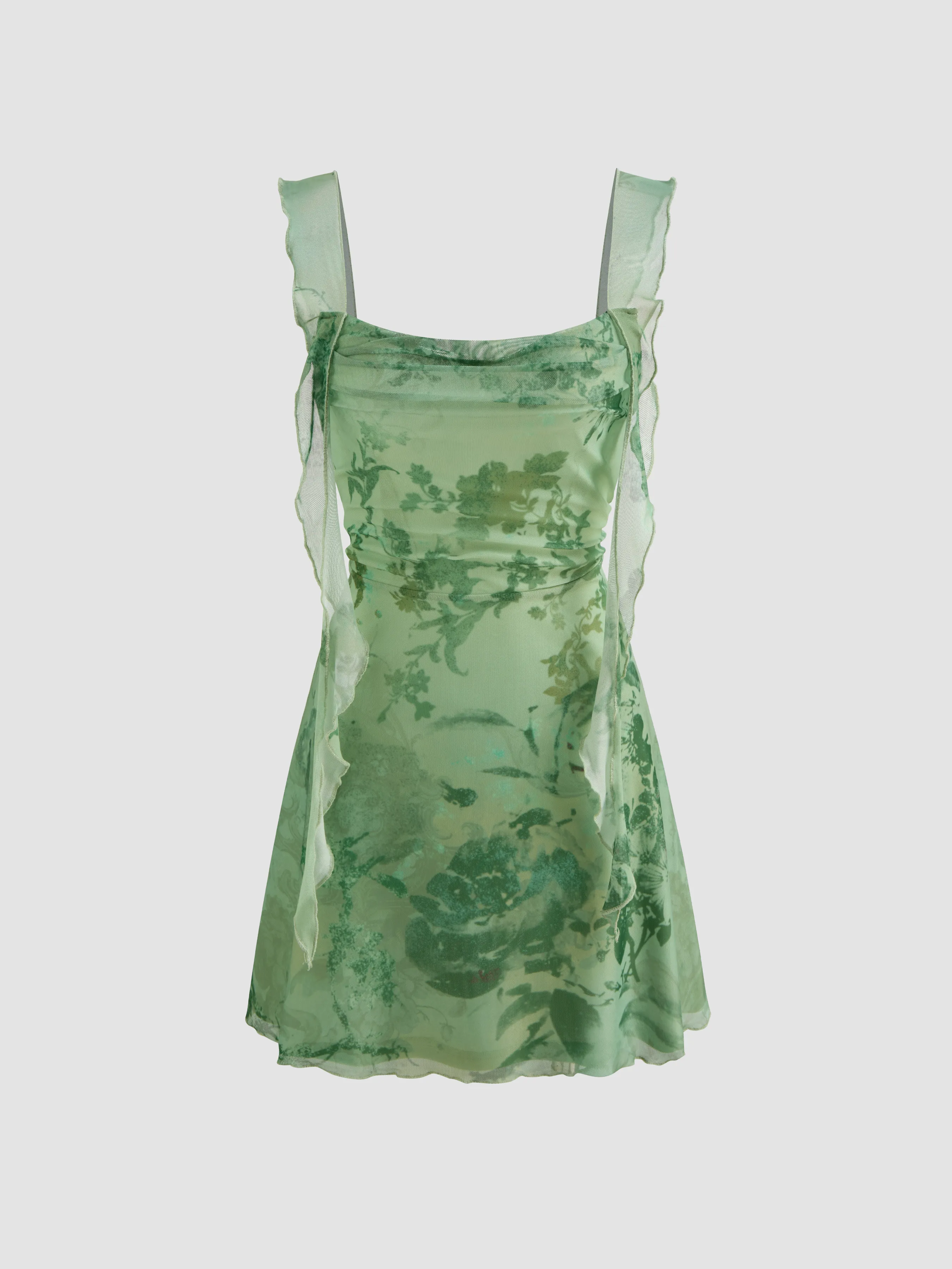 Mesh Cowl Neck Floral Ruffle Hem Ruched Mini Dress sold by Cider