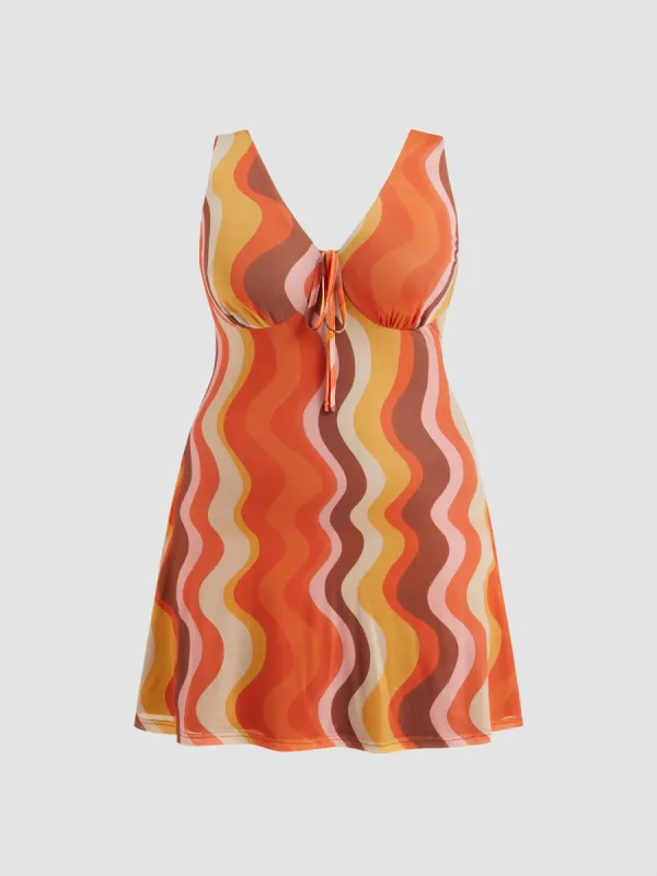 Mesh V-neck Abstract Wave Knotted Mini Dress Curve & Plus sold by Cider