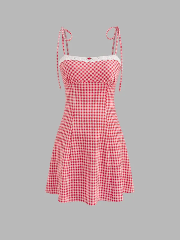 Square Neck Gingham Bowknot Mini Dress sold by Cider