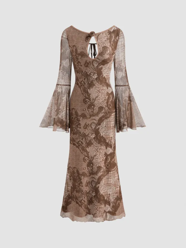 Mesh Boat Neck Graphic Rosette Cut Out Knotted Bell Sleeve Maxi Dress made by Cider