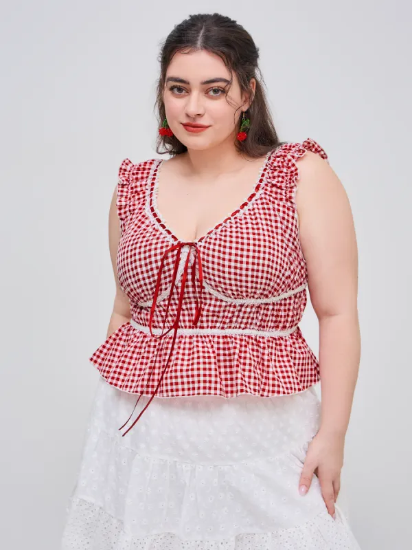Cotton-blend V-neck Gingham Knotted Short Sleeve Blouse Curve & Plus sold by Cider
