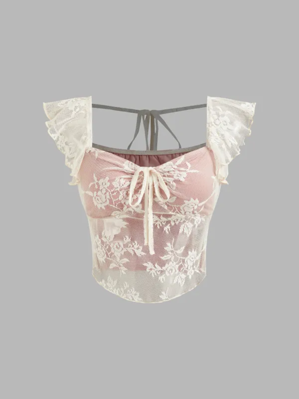 Lace Square Neck Floral Knotted Short Sleeve Blouse sold by Cider