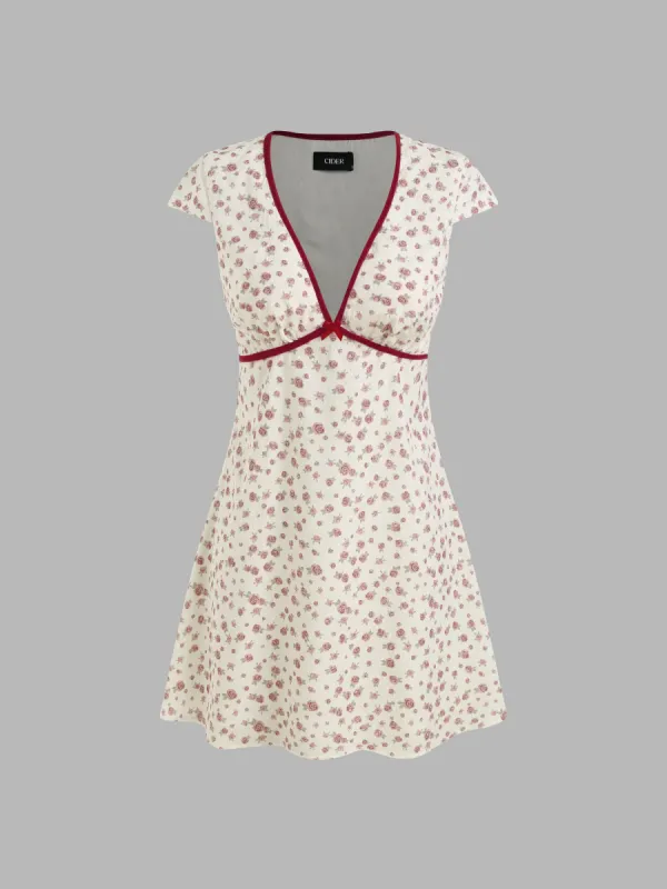 V-neck Floral Bowknot Contrasting Binding Mini Dress sold by Cider