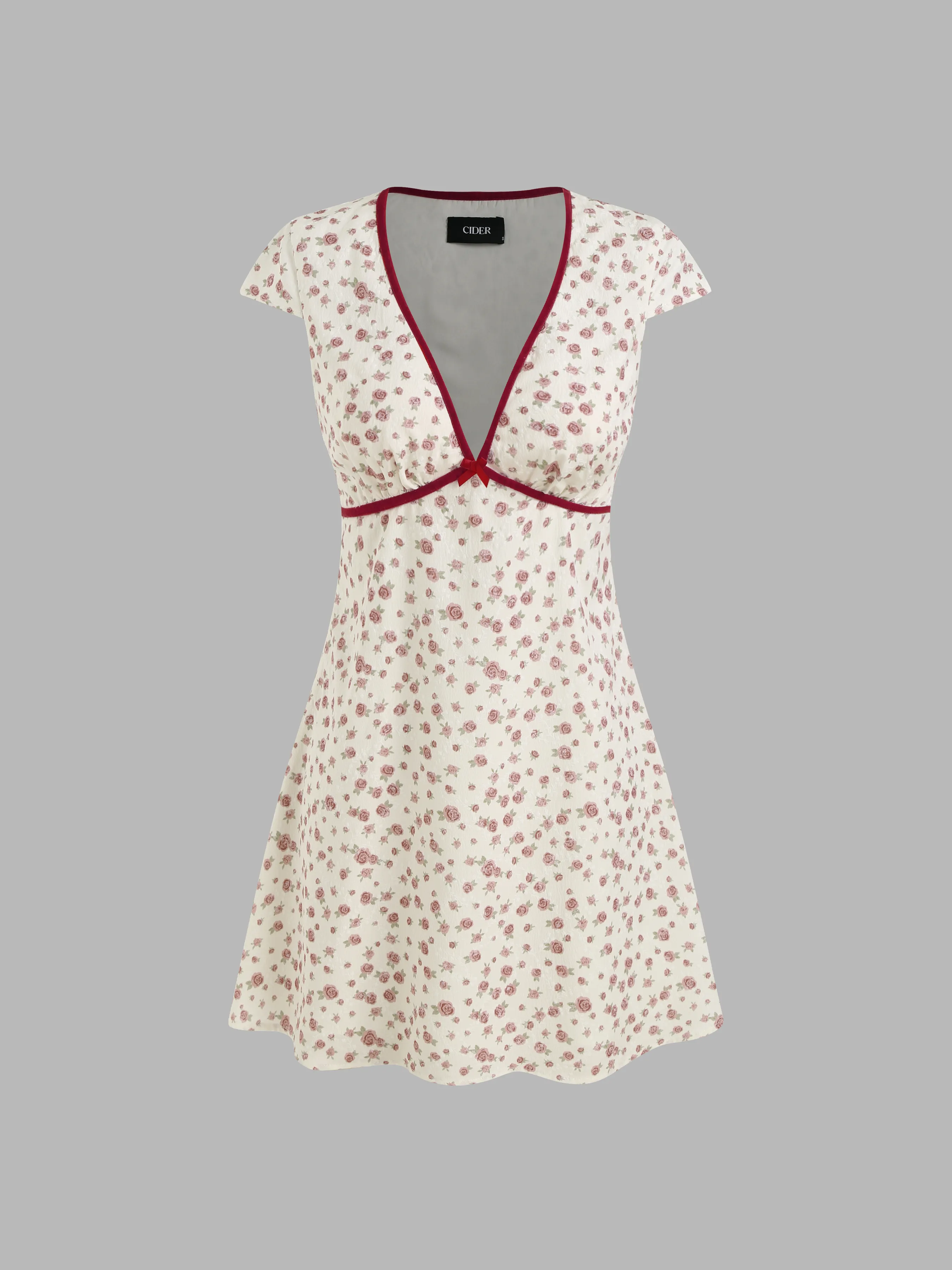 V-neck Floral Bowknot Contrasting Binding Mini Dress sold by Cider