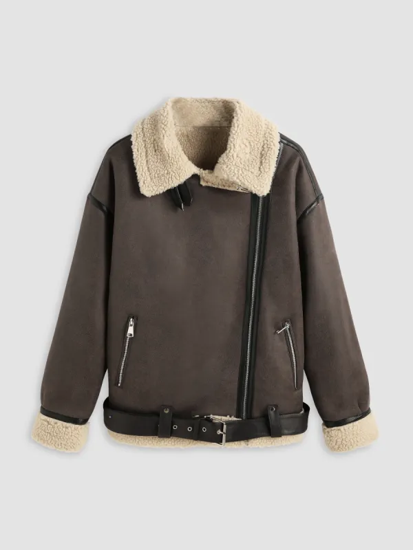 Faux Shearling V-neck Pocket Zipper Biker Jacket With Belt sold by Cider
