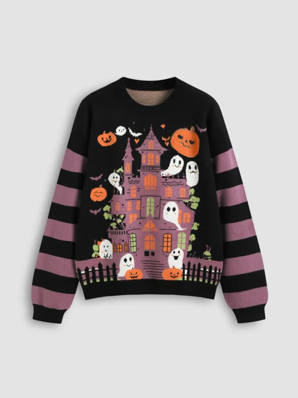 Knitted Round Neckline Halloween & Ghost Pumpkin Striped Sweater sold by Cider