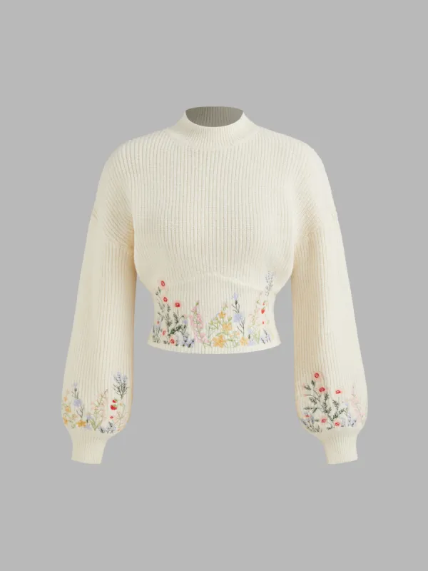 Knit High Neck Floral Embroidery Long Sleeve Crop Top sold by Cider