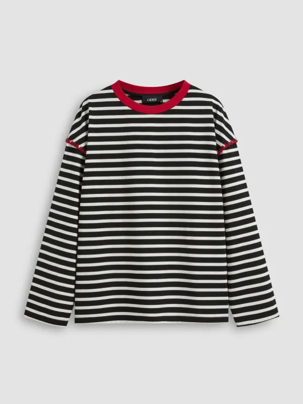 Cotton-blend Round Neckline Striped Contrasting Binding Long Sleeve Tee sold by Cider