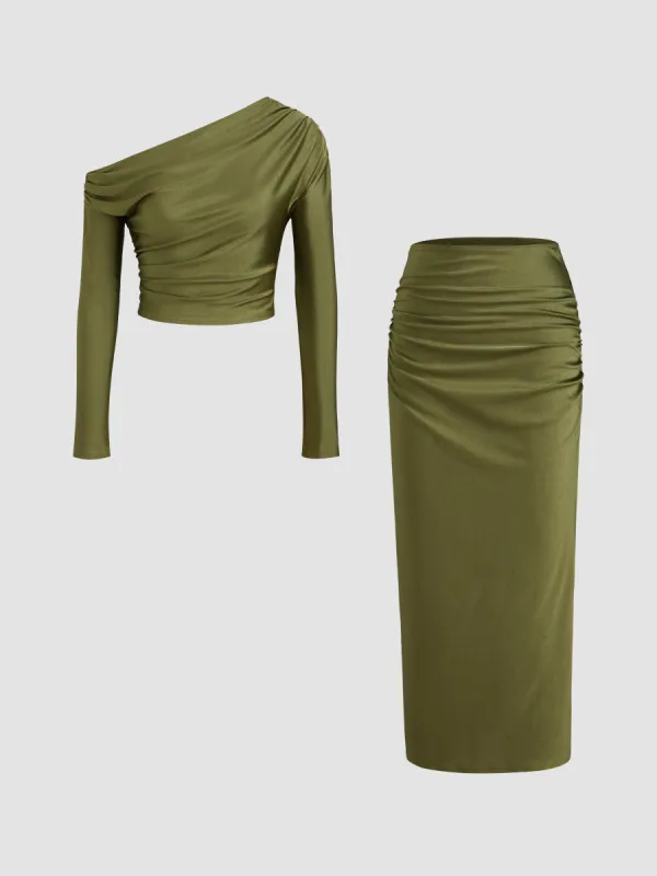 Asymmetrical Neck Solid Long Sleeve Crop Top & Mid Rise Solid Ruched Maxi Skirt sold by Cider