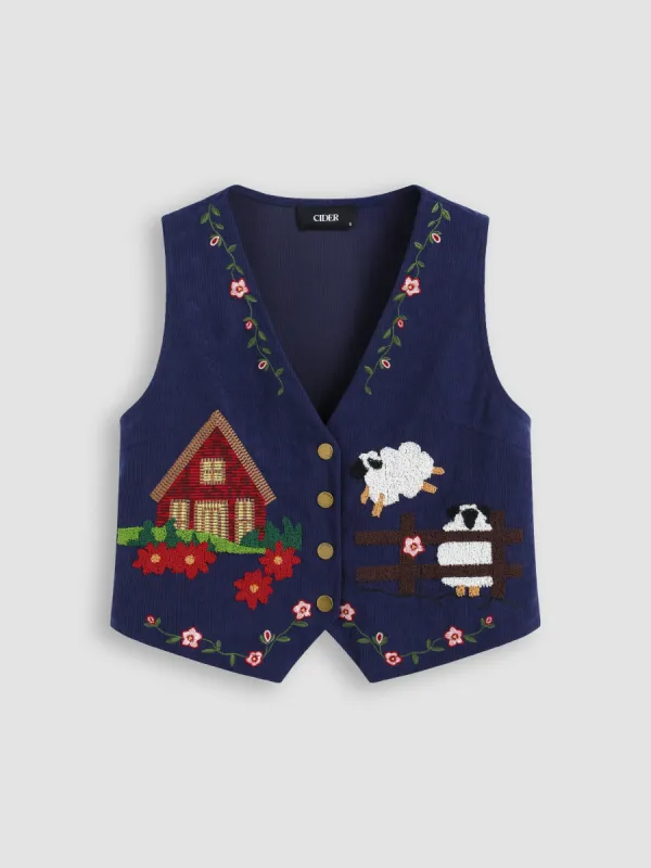 Corduroy V-neck Floral House Sheep Graphic Button Jacket Vest sold by Cider