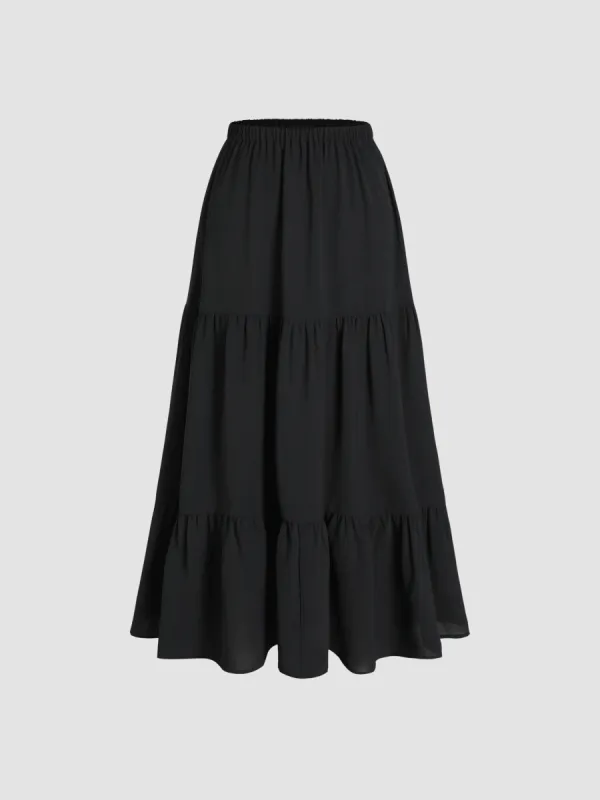 Solid Elastic Waist Ruffle Hem Tiered Midi Skirt sold by Cider