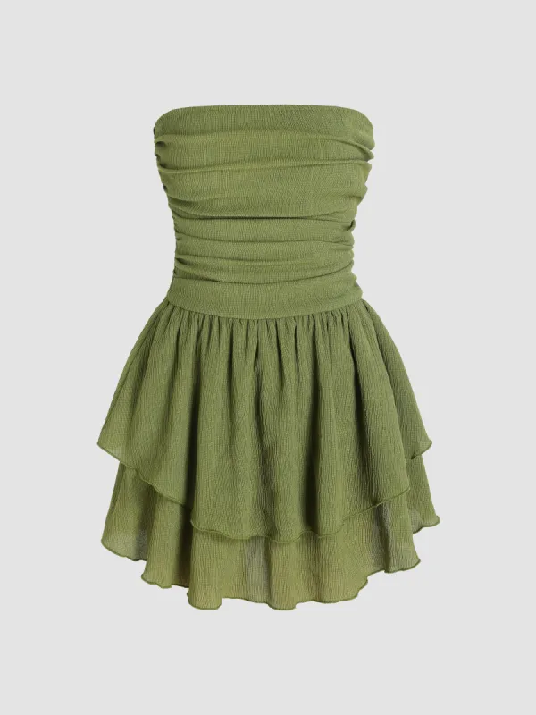 French Riviera Vacation Tube Ruched Ruffle Mini Dress sold by Cider