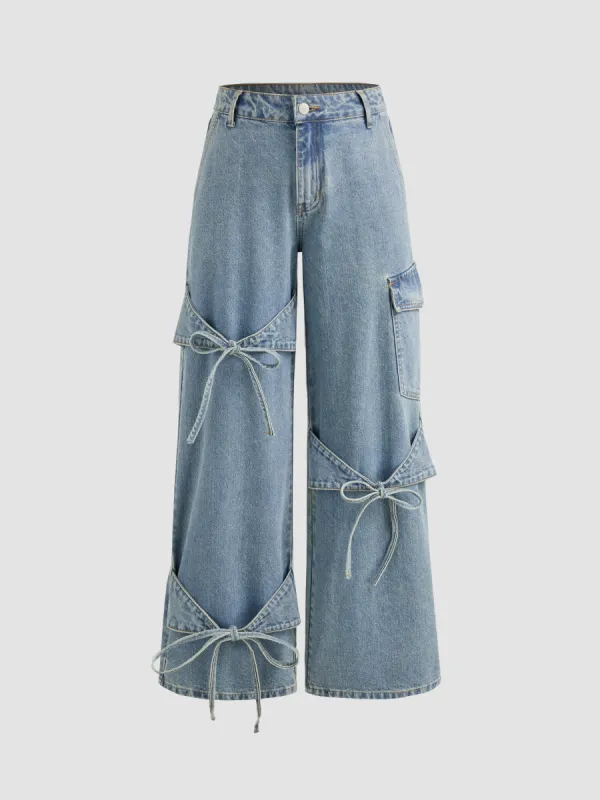 Cider Denim Mid Rise Solid Bowknot Pocket Wide Leg Jeans sold by Cider