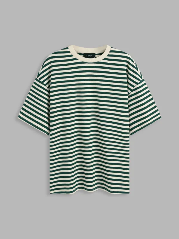 Cotton-blend Round Neck Striped Oversized Short Sleeve Tee sold by Cider