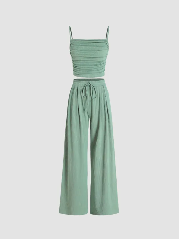 Square Neck Ruched Top & Elastic Waist Trousers Matching Set sold by Cider