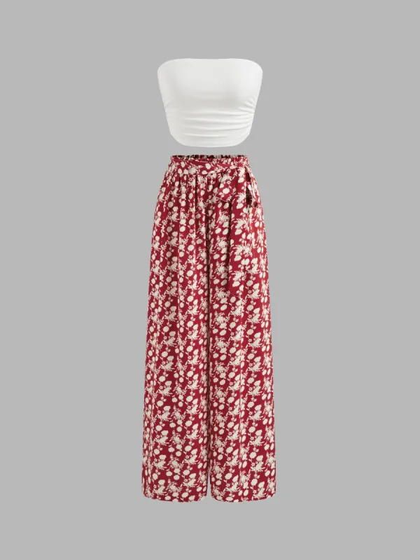 Strapless Solid Ruched Crop Top & Mid Rise Floral Knotted Wide Leg Trousers sold by Cider