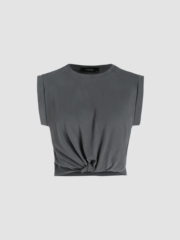 Solid Round Neckline Twist Short Sleeve Crop Top sold by Cider